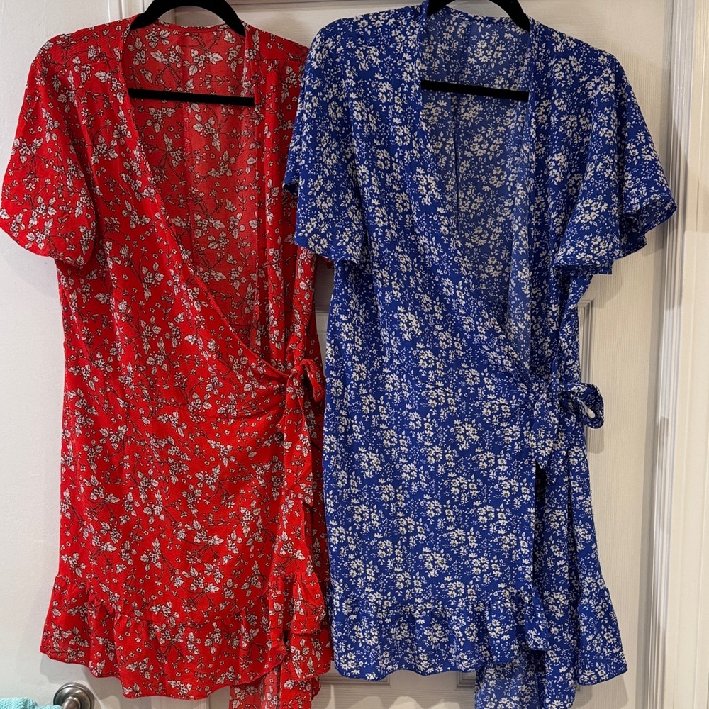 Floral Wrap Dress - Red and Blue Set